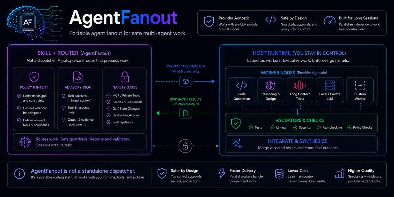 AgentFanout banner showing main-session control and multi-provider routing nodes